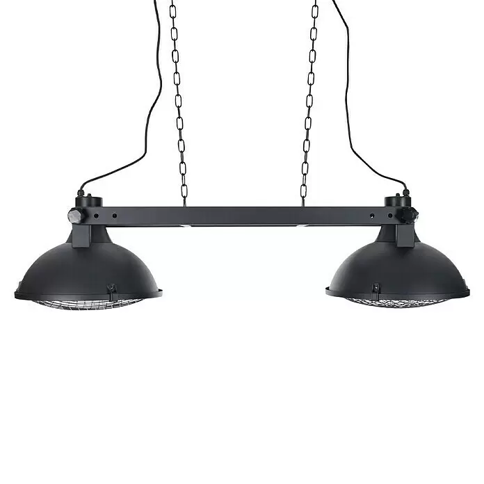 Sunred Halogen-Heizstrahler Indus - L x B: 132 x 42,5 cm, 3.000 W, Schwarz - Schwarze Industrie-Deckenleuchte aus Metall mit zwei kuppelförmigen Schirmen und Schutzgittern, an Ketten aufgehängt.