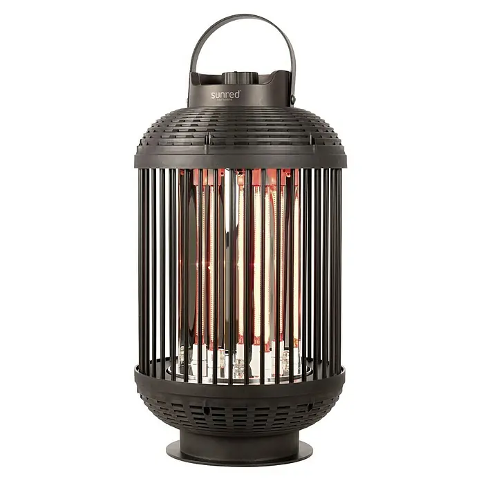 Sunred Heizstrahler Indox - Höhe: 59 cm, 1.200 W, Schwarz - Abbildung einer tragbaren Sunred-Terrassenheizung mit einem schwarzen, laternenähnlichen Design und Wärme abstrahlenden Heizelementen.