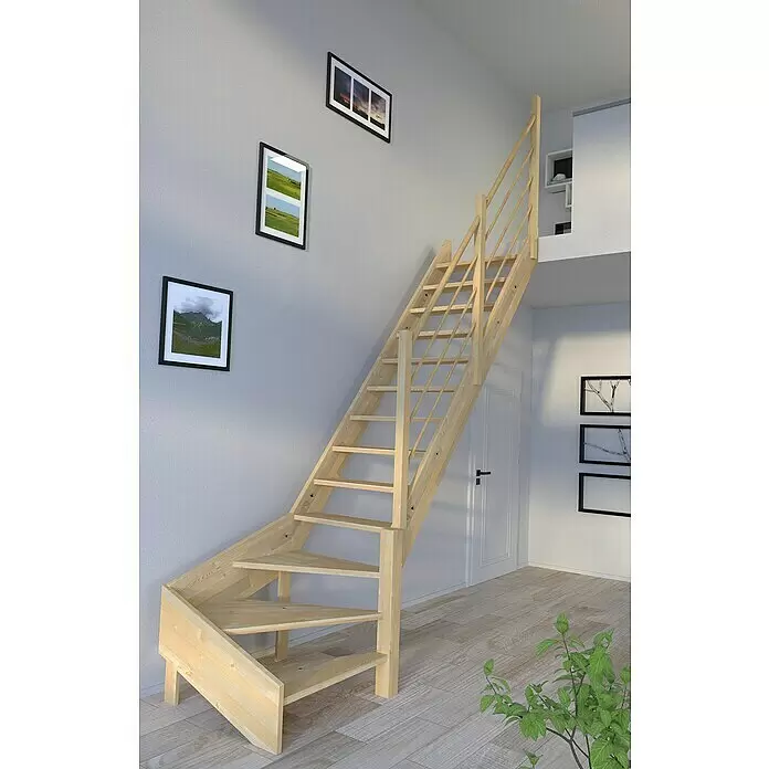Starwood Raumspartreppe Korfu - Breite: 80 cm, Fichte, Geschosshöhe: 300 cm, 1/4-gewendelt rechts, Montageseite Geländer: Rechts, Designgeländer Holz/Holz, Ohne Setzstufen - Helle Holztreppe mit Geländer, die in einem modernen Raum zu einer oberen Ebene führt.