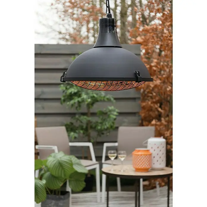 Sunred Halogen-Heizstrahler Indus - Durchmesser: 43 cm, 2.100 W, Schwarz - Eine stilvolle, hängende Terrassenheizung in Schwarz, die Wärme und Eleganz im Außenbereich vereint und für gemütliche Stunden sorgt.