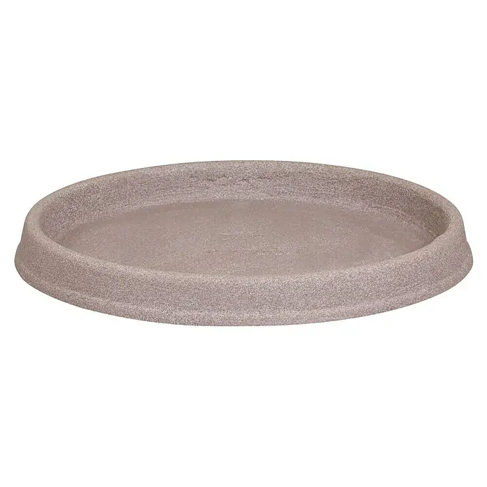 Geli Blumentopf-Untersetzer Marcella - Außenmaß (Ø x H): 37,5 x 4 cm, Kunststoff, Taupe - Nahaufnahme einer runden, hellbraunen Steingutschale mit erhabenem Rand, ideal für Reptilien oder Pflanzen. Robuste und stilvolle Gestaltung.