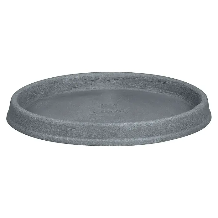 Geli Plato redondo para maceta Marcella - Dimensiones externas (Ø x Al): 37,5 x 4 cm, Plástico, Gris hormigón - Aquí tienes un primer plano de un plato de terracota gris para macetas con un acabado texturizado. ¡Perfecto para plantas!