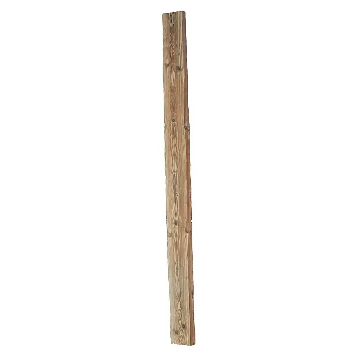 Dekobalken Altholz - Fichte/Tanne, L x S: 250 x 5 cm, Anfallende Breite: 10 cm - 16 cm - Holzbrett mit Ästen und Maserung. Das Holzbrett ist hellbraun mit dunkleren Ästen und einer interessanten Maserung, die ihm einen rustikalen Look verleiht.