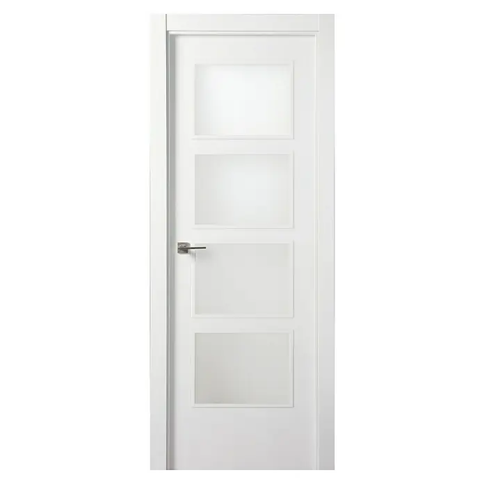 Solid Elements Puerta acristalada KNP - 62,5 x 203 cm, Derecha, Blanco - Una puerta blanca moderna con cuatro inserciones rectangulares de vidrio esmerilado y una manija plateada elegante, ideal para interiores minimalistas.
