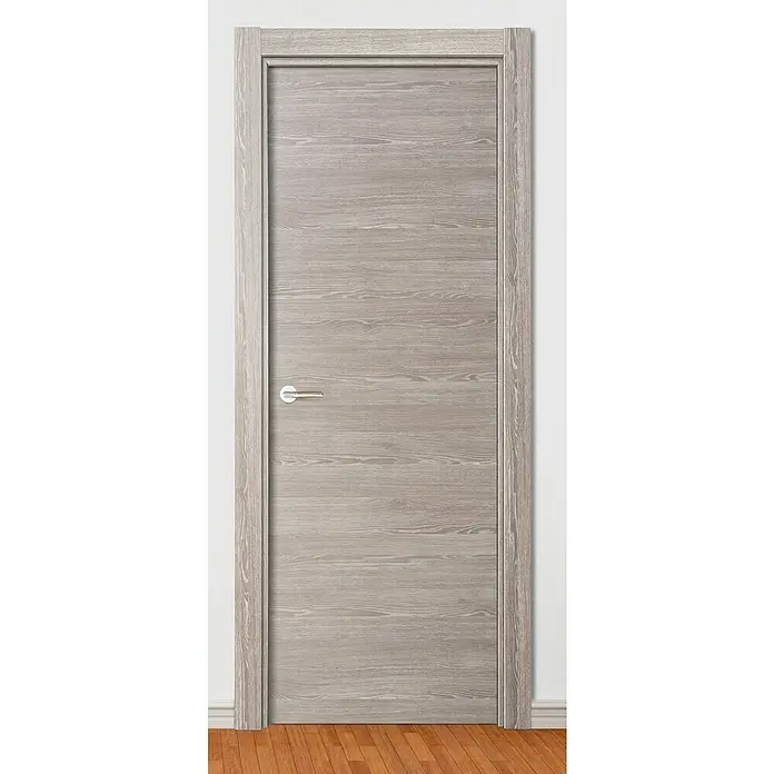 Solid Elements Puerta interior Roble Finlandés - 72,5 x 203 cm, Derecha, Roble oscuro, Maciza - Puerta de madera gris con manija plateada. La puerta presenta una hermosa veta de madera y un marco a juego que complementa su diseño.