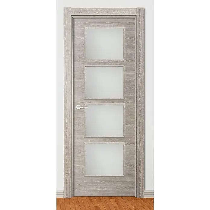 Solid Elements Puerta acristalada Finland - 82,5 x 203 cm, Derecha, Roble oscuro - Puerta de madera clara con cuatro paneles cuadrados de vidrio y un tirador plateado. El diseño moderno complementa varios estilos de interior.