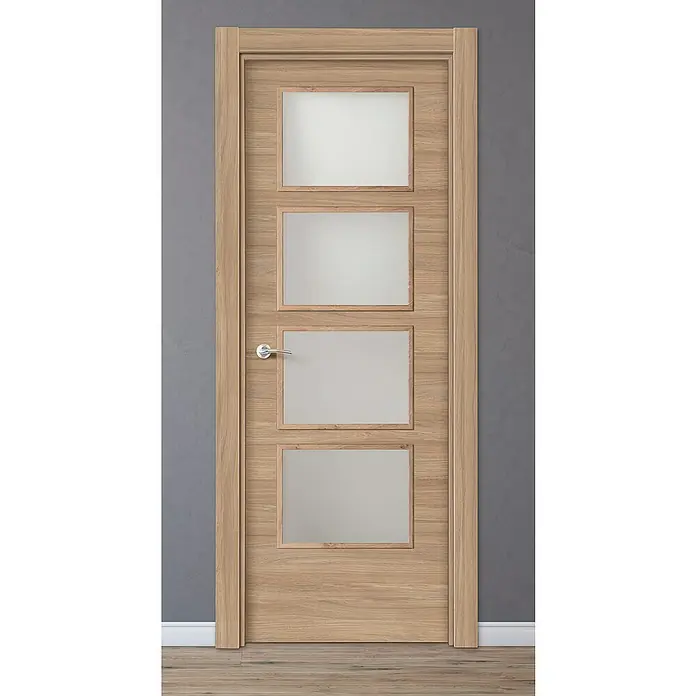 Solid Elements Puerta acristalada Urban - 82,5 x 203 cm, Derecha, Roble claro - Puerta de madera con cuatro inserciones de vidrio rectangulares y un pomo moderno, que ilumina la habitación con luz natural.