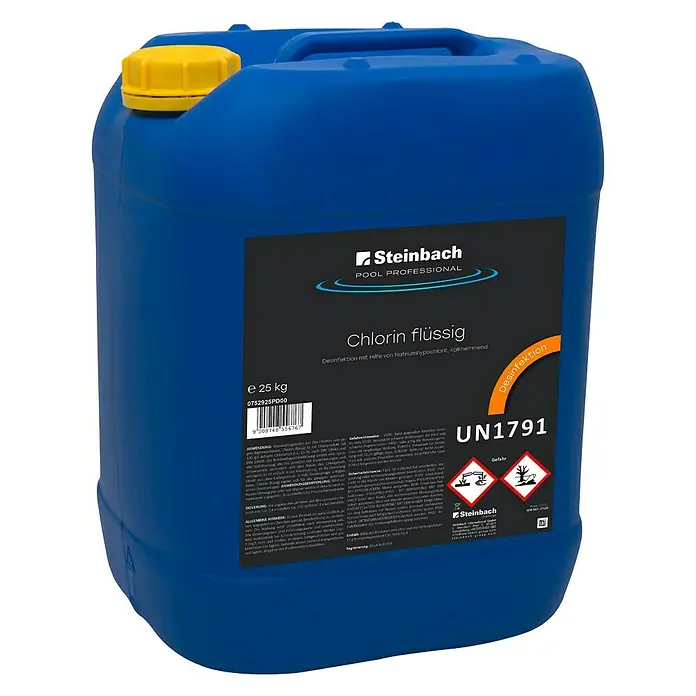 Steinbach Pool Professional Flüssigchlor - 25 kg - Kanister mit flüssigem Chlor von Steinbach Pool Professional, 25 kg, zur Desinfektion mit Natriumhypochlorit, kalkhemmend, Gefahrstoff-Kennzeichnung UN1791.