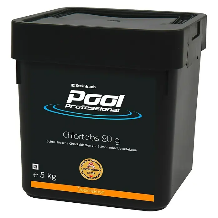 Steinbach Pool Professional Chlortabs - 5 kg - Abbildung einer Dose Steinbach Pool Professional Chlortabs 20 g, die schnelllösliche Chlortabletten zur Schwimmbaddesinfektion enthält.