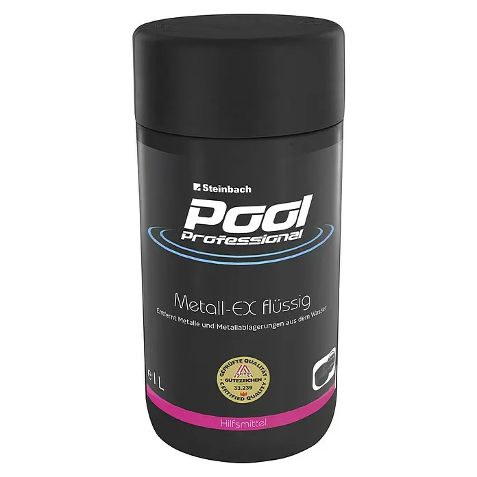 Steinbach Pool Professional Metallneutralisator Metall-Ex1 l - Bild einer Flasche Steinbach Pool Professional Metall-Ex Flüssig zur Entfernung von Metallen und Ablagerungen aus dem Wasser.