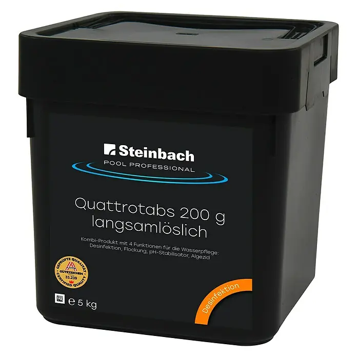Steinbach Pool Professional Multifunktionstabs Quattrotabs - 5 kg - Bild eines Steinbach Quattrotabs 200 g langsamlöslich Eimers, ein Poolpflegeprodukt mit 4 Funktionen für Desinfektion und Algenbekämpfung.