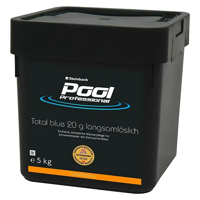 Steinbach Pool Professional Multifunktionstabs Total Blue5 kg - Abbildung eines Pool Professional Total Blue 20 g langsamlöslich Behälters zur Desinfektion und Wasserpflege.