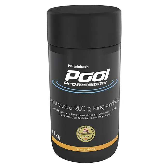 Steinbach Pool Professional Multifunktionstabs Quattrotabs1 kg - Bild eines Steinbach Pool Professional Quattrotabs 200 g langsamlöslich Behälters, ein Kombi-Produkt für die Schwimmbadwasserpflege.