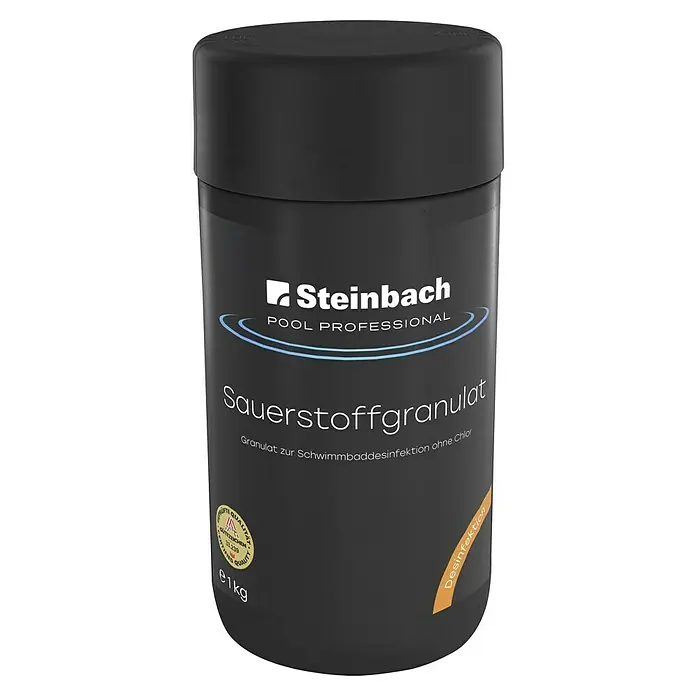 Steinbach Pool Professional Sauerstoffgranulat - 1 kg - Produktbild eines schwarzen Behälters mit Sauerstoffgranulat von Steinbach Pool Professional zur Schwimmbaddesinfektion ohne Chlor.
