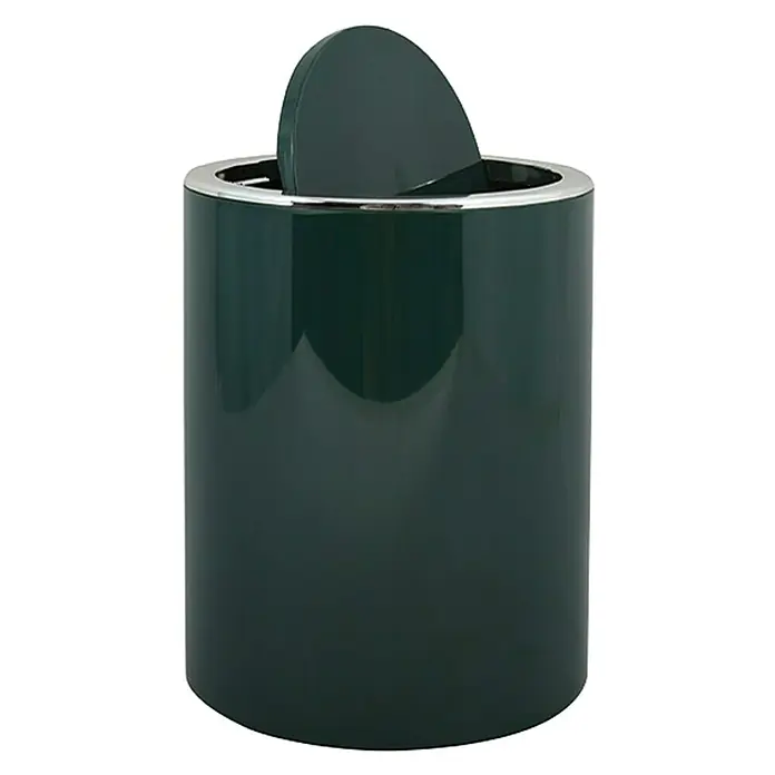MSV Cubo de basura de baño Kamaka - 6 l, Plástico, Verde oscuro/Acero inoxidable - Cubo de basura cilíndrico verde oscuro con tapa oscilante y borde plateado, elegante para la oficina o el hogar.