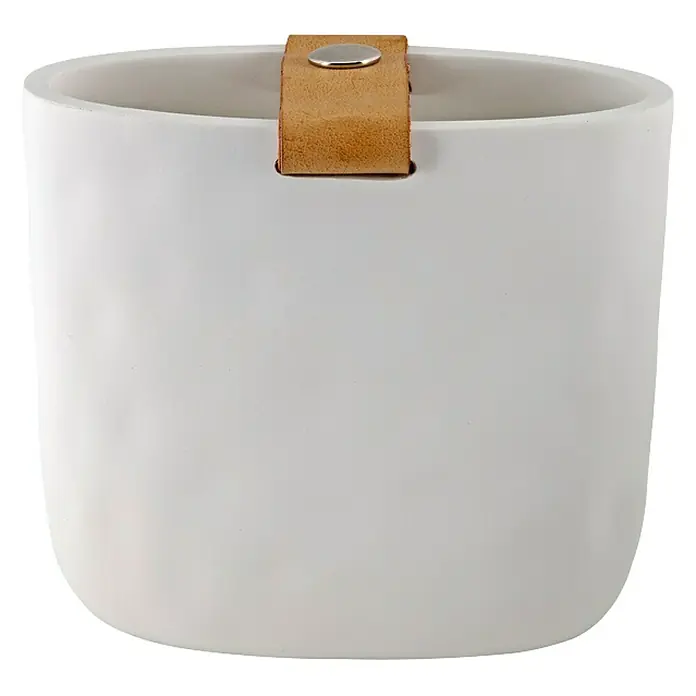 Spirella Lio Portacepillos portacepillos - L x An x Al: 6 x 11 x 10,5 cm, Plástico - Una maceta redonda blanca con una correa de cuero marrón con un botón plateado para colgar. Diseño minimalista.