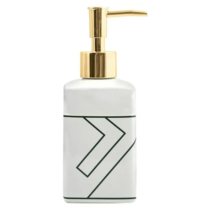 MSV Monolithic Dispensador de jabón - L x An x Al: 65 x 65 x 118 cm, Cerámica, Blanco/Verde/Dorado - Dispensador de jabón blanco con bomba dorada y patrón geométrico. Un accesorio elegante para cualquier baño.