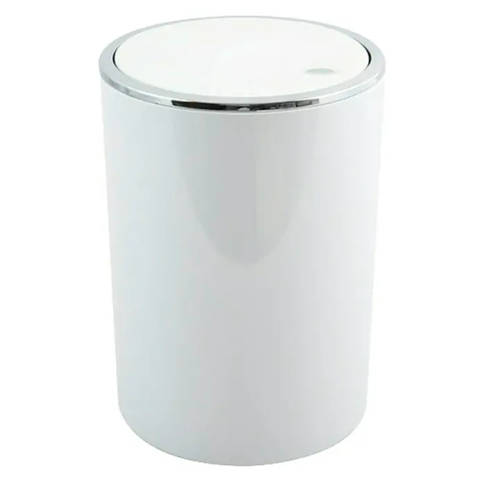 MSV Cubo de basura de baño Kamaka - 6 l, Plástico, Blanco/Acero inoxidable - Elegante papelera cilíndrica blanca con tapa plateada brillante, perfecta para un baño moderno o un entorno de oficina.