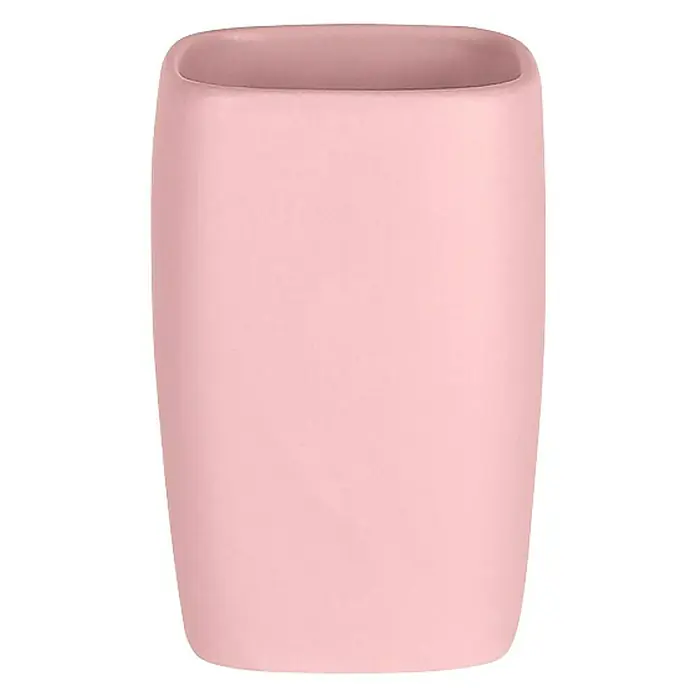 Spirella Retro Portacepillos - L x An x Al: 7 x 7 x 11 cm, Gres, Rosa pastel - Primer plano de un portacepillos de dientes rosa y cuadrado sobre un fondo negro. Elegante accesorio de baño para guardar los cepillos de dientes.