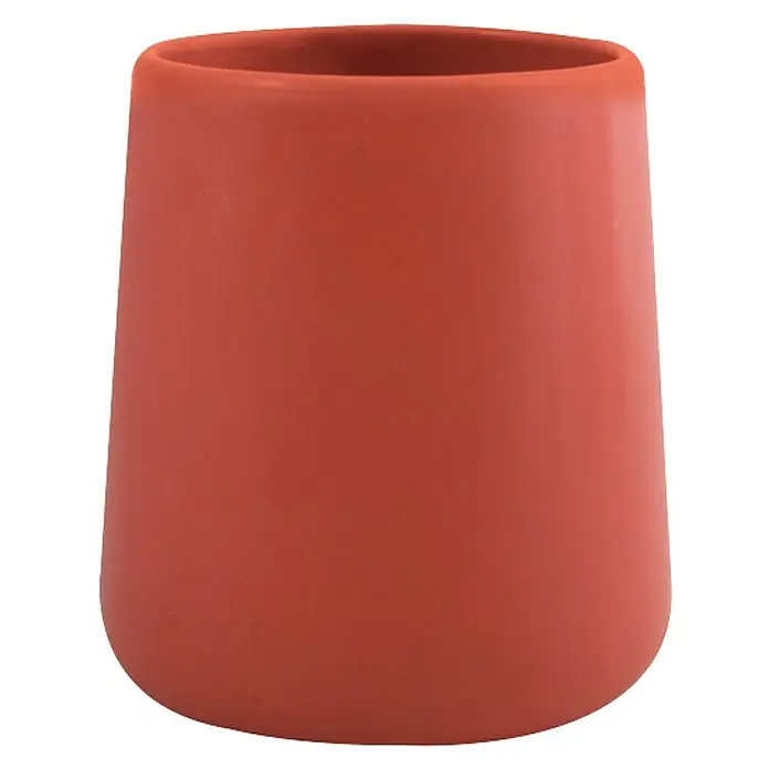 MSV Maonie Portacepillos - Ø x Al: 8,5 x 10 cm, Cerámica, Terracotta - Primer plano de un vaso de cerámica terracota con superficie lisa y bordes redondeados, ideal para baño o cocina.