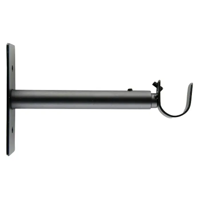 Soporte de pared Antique - L x An x Al: 14,8 x 3,4 x 9 cm, Diámetro: 22 mm, Metal, Negro - Primer plano de un soporte de barra de cortina negro con placa de pared y soporte final en forma de U para sujeción segura.