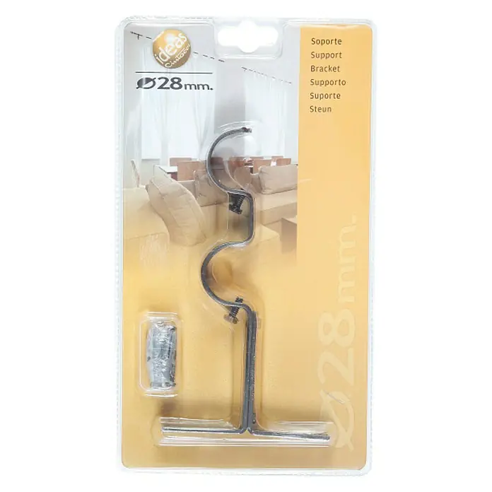 Soporte de pared Ideas 28 - L x An x Al: 17,4 x 1,8 x 10 cm, Diámetro: 28 mm, Metal - Imagen del producto de un soporte para barra de cortina con tornillos para montaje en pared, ideal para cortinas de 28 mm de diámetro.