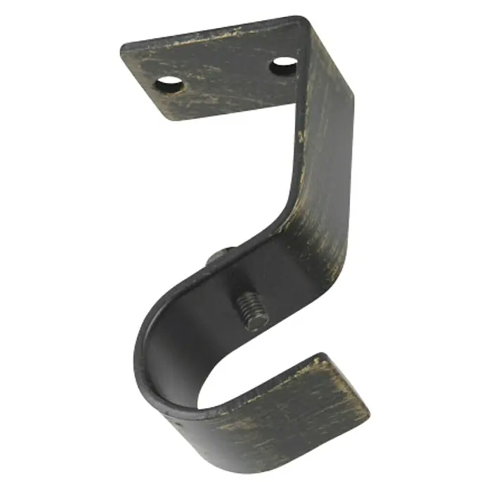 Soporte de techo Antique - Negro, L x An x Al: 7,7 x 2,5 x 4 cm, Atornillado - Primer plano de un soporte de barra de cortina de bronce con tornillo sobre fondo negro.