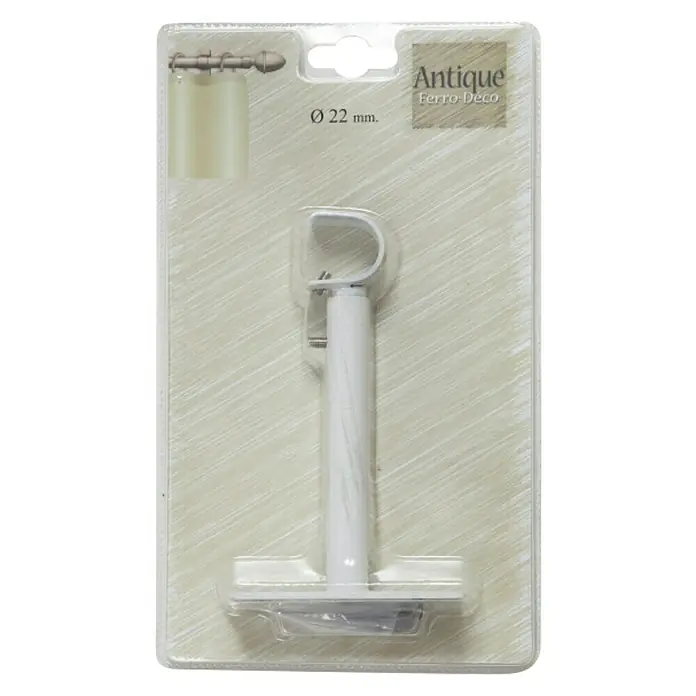 Soporte de pared Antique - L x An x Al: 14,8 x 3,4 x 9 cm, Diámetro: 22 mm, Metal, Blanco - Primer plano de un soporte blanco de barra de cortina "Antique Ferro-Deco" en su embalaje original con tornillos.