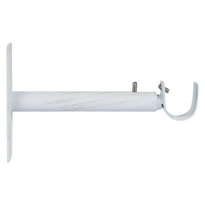 Soporte de pared Antique - L x An x Al: 14,8 x 3,4 x 9 cm, Diámetro: 22 mm, Metal, Blanco - Primer plano de un soporte de barra de cortina blanco montado en la pared con tornillos.