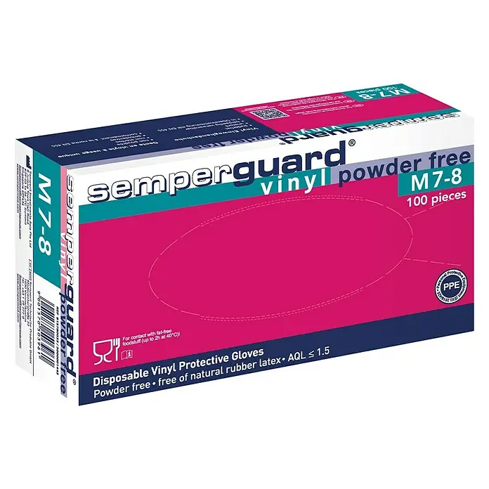 Semperguard Einmalhandschuhe - 10, Transparent, 100 Stk. - Bild einer Packung Semperguard Vinyl-Einweghandschuhe, puderfrei, Größe M7-8, mit dem Hinweis auf ihre Eignung für den Kontakt mit fettfreien Lebensmitteln.