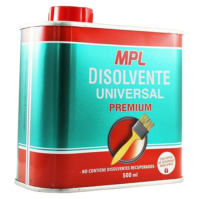 MPL Disolvente líquido Universal Premium - 500 ml - Lata de disolvente universal MPL Premium, con tapa roja y un pincel en el frontal, ideal para diversas aplicaciones.