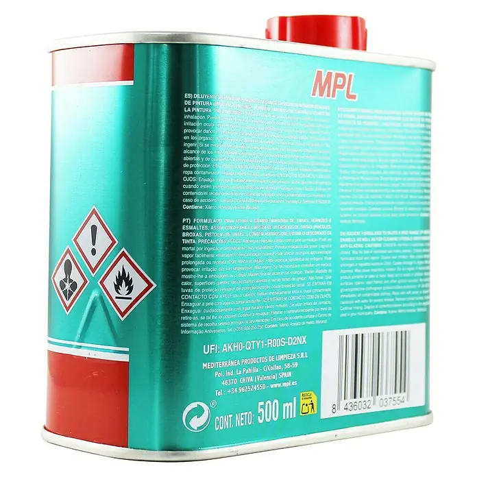 MPL Disolvente líquido Universal Premium - 500 ml - Lata de diluyente MPL para pinturas, barnices y esmaltes con símbolos de advertencia y detalles del producto para un uso seguro.