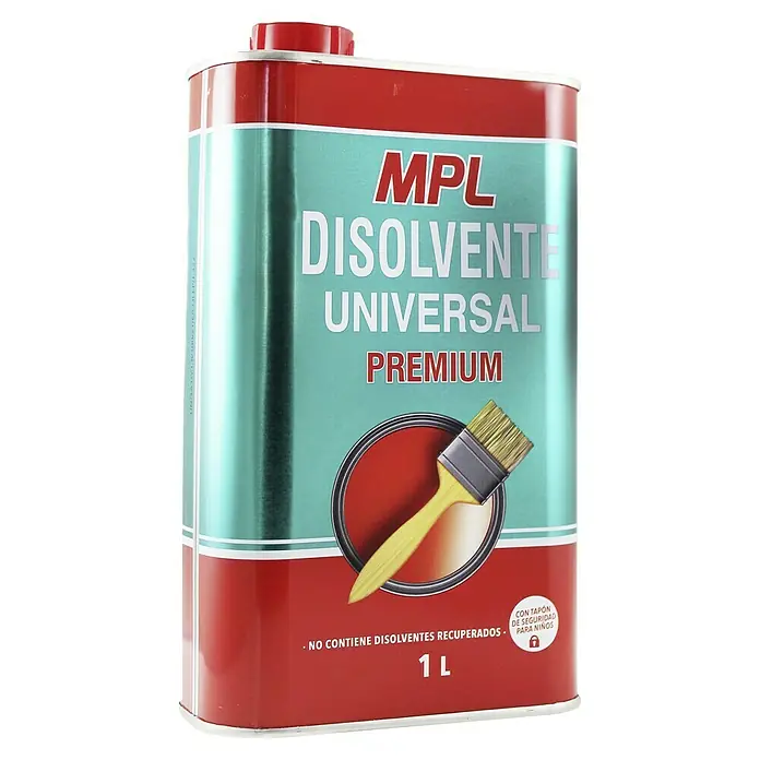 MPL Disolvente líquido Universal Premium - 1 l - Disolvente universal Premium MPL en una lata de 1 litro, con un diseño en rojo y verde, apto para diversas aplicaciones.