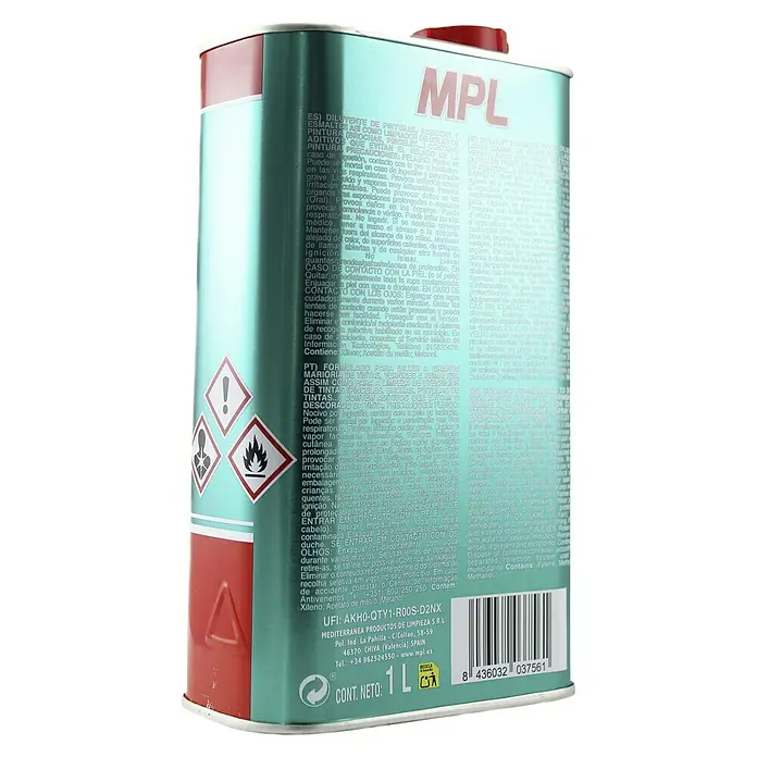MPL Disolvente líquido Universal Premium - 1 l - Lata de disolvente MPL para pinturas, barnices, para limpieza de herramientas. Símbolos de peligro e instrucciones de seguridad en la etiqueta.