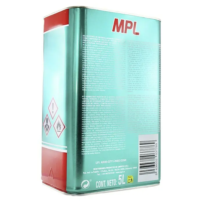 MPL Disolvente líquido Universal Premium - 5 l - Detalle de una lata de disolvente MPL, mostrando información del producto y advertencias para un uso seguro.
