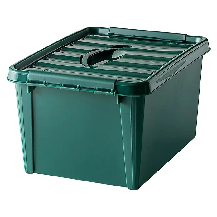 Aufbewahrungsbox aus recycelten Fischernetzen - L x B x H: 40 x 30 x 22 cm, Kunststoff, Grün - Eine grüne Aufbewahrungsbox mit Deckel, ideal für die Lagerung verschiedener Gegenstände. Robuste Bauweise für den täglichen Gebrauch.