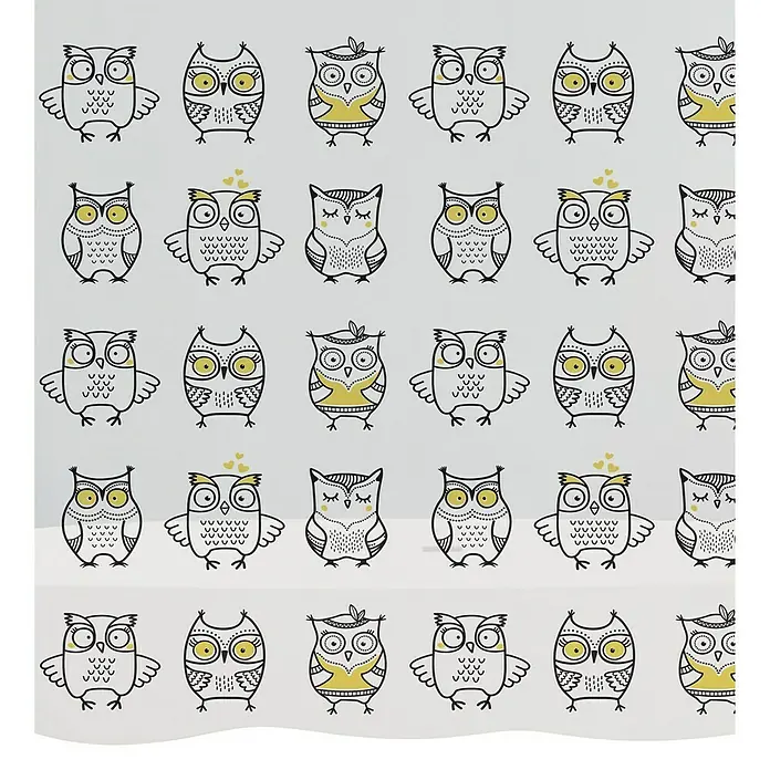 Diaqua Peva Duschvorhang Owl - B x H: 180 x 200 cm, Farbig - Ein Stoff mit einem wiederholten Muster von gezeichneten Eulen mit gelben Akzenten. Ideal für Kinderzimmerdekorationen und kreative Projekte.