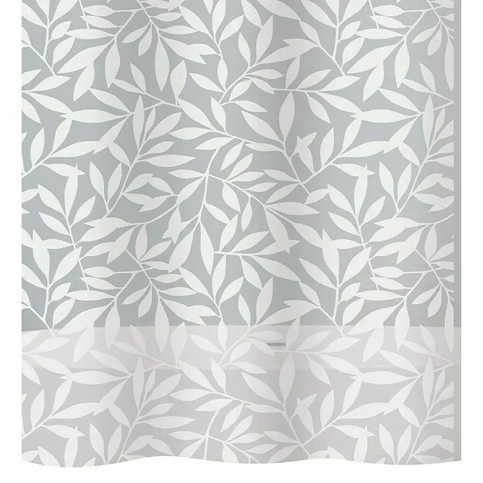Diaqua Peva Duschvorhang Leaf - B x H: 180 x 200 cm, Grau/Weiß - Nahaufnahme des transparenten Duschvorhangs mit üppigem Blätterdesign, der eine elegante und helle Atmosphäre im Badezimmer schafft.