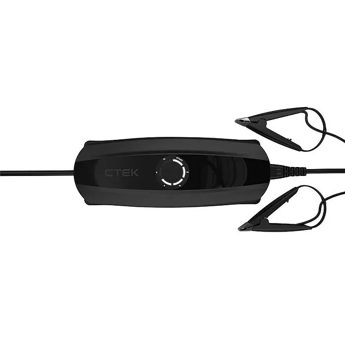 CTEK Automatik-Ladegerät CS ONE - Kapazität: 3 Ah - 180 Ah - Abbildung eines CTEK-Batterieladegeräts mit Kabeln und Klemmen zum Aufladen von Autobatterien mit einem Drehknopf zur Steuerung.