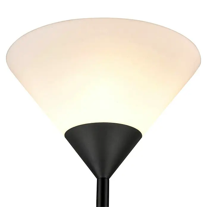 Tween Light Stehleuchte Arizona - Höhe: 178 cm, Schwarz, Max. Systemleistung: 60 W - Nahaufnahme einer eleganten Stehlampe mit einem kegelförmigen, schwarzen Lampenfuß und einem strahlend weißen Lampenschirm.