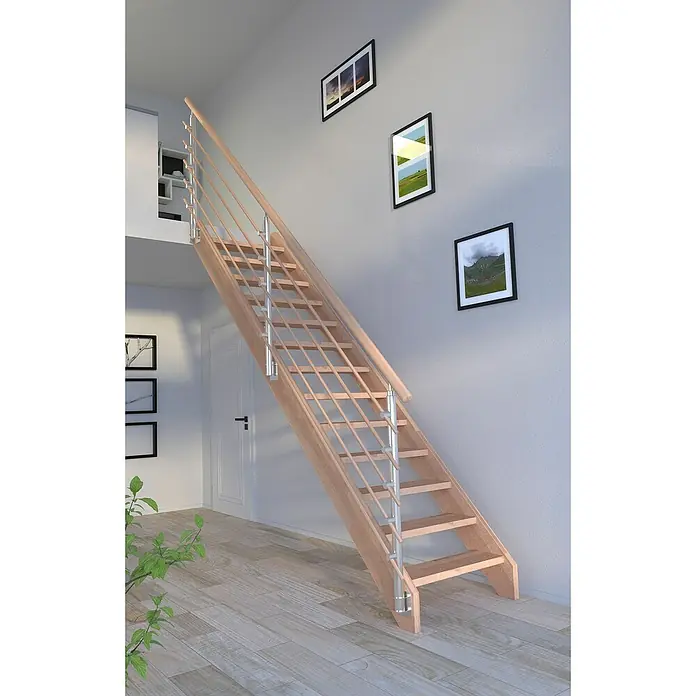 Starwood Raumspartreppe MykonosBreite: 85 cm, Buche, Geschosshöhe: 280 cm, Gerade, Montageseite Geländer: Wahlweise links/rechts, Designgeländer Holzrundstäbe, Ohne Setzstufen - Eine elegante Holztreppe mit Edelstahlgeländer fügt sich stilvoll in den Raum ein. Das Design verbindet natürliche und moderne Elemente.