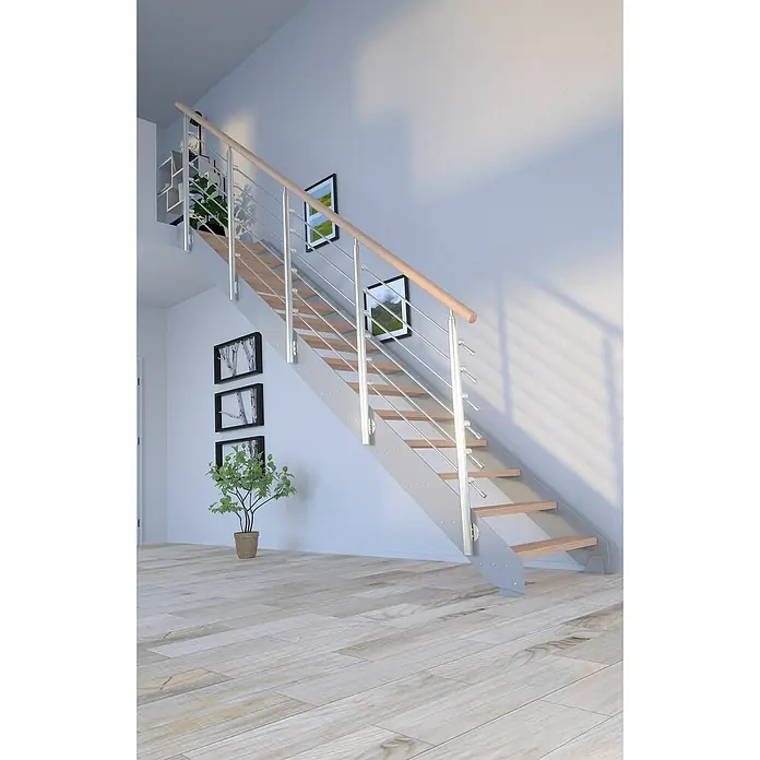 Starwood Wangentreppe KosFarbton Metall: RAL 9006, Breite: 108 cm, Buche, Geschosshöhe: 240 cm - 300 cm, Gerade, Designgeländer unbehandelt, Stufen unbehandelt - Elegante Treppe mit Holzstufen und Edelstahlgeländer, die ein modernes und stilvolles Ambiente schafft. Die Treppe fügt sich nahtlos in den Raum ein.