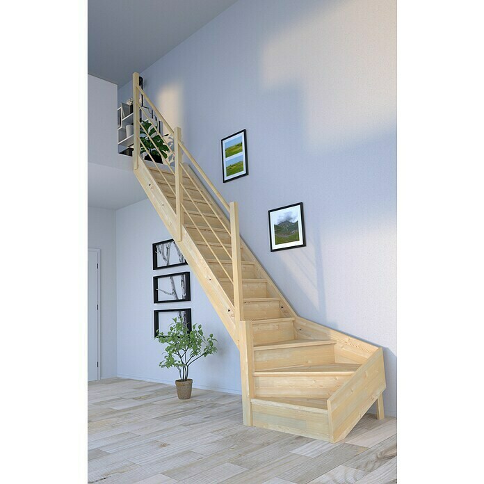 Starwood Raumspartreppe Korfu (Breite: 80 cm, Fichte, Geschosshöhe: 300 cm, 1/4-gewendelt links, Montageseite Geländer: Links, Designgeländer Holz/Hol
