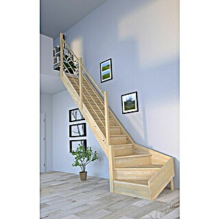 Starwood Raumspartreppe Korfu (Breite: 80 cm, Fichte, Geschosshöhe: 300 cm, 1/4-gewendelt links, Montageseite Geländer: Links, Designgeländer Holz/Holz, Mit Setzstufen)