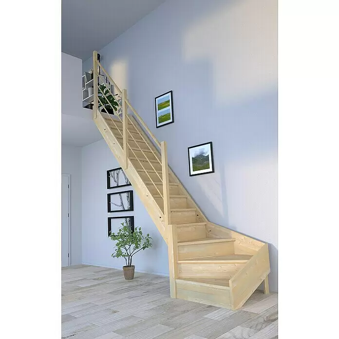 Starwood Raumspartreppe KorfuBreite: 80 cm, Fichte, Geschosshöhe: 300 cm, 1/4-gewendelt links, Montageseite Geländer: Links, Designgeländer Holz/Holz, Mit Setzstufen