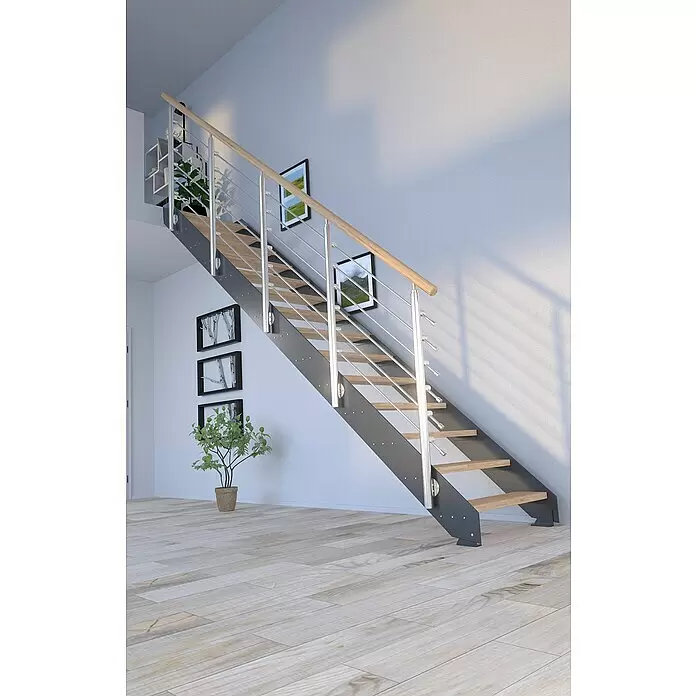 Starwood Wangentreppe Kos - Farbton Metall: DB 703, Breite: 89 cm, Eiche Rustik, Geschosshöhe: 240 cm - 300 cm, Gerade, Designgeländer unbehandelt, Stufen farblos geölt - Moderne Innentreppe mit hellen Holzstufen, dunkelgrauem Metallrahmen und Edelstahlgeländer mit Holzhandlauf.