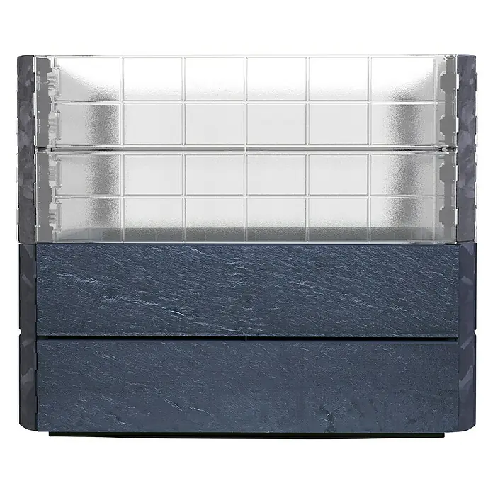 Garantia Hochbeet Ergo Quadro Turbo S Stone - Set - 60 x 60 x 50 cm, Kunststoff, Anthrazit - Abgebildete quadratische Aufbewahrungseinheit mit einer grauen Platte und mehreren Schubladen aus Schiefermaterial darunter.