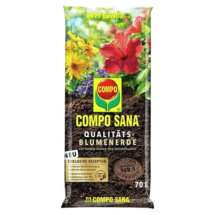 Compo Sana Blumenerde für Zimmer-, Balkon- & Gartenpflanzen - 70 l - COMPO SANA Qualitäts-Blumenerde für Zimmer-, Balkon- und Gartenpflanzen im 70L Sack. Exklusive Rezeptur mit Langzeitwirkung.