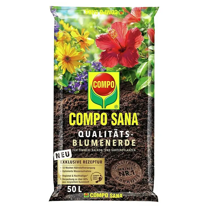 Compo Sana Blumenerde für Zimmer-, Balkon- & Gartenpflanzen - 50 l - COMPO SANA Qualitäts-Blumenerde für Zimmer-, Balkon- und Gartenpflanzen im 50-Liter-Sack, ideal für eine optimale Nährstoffversorgung.
