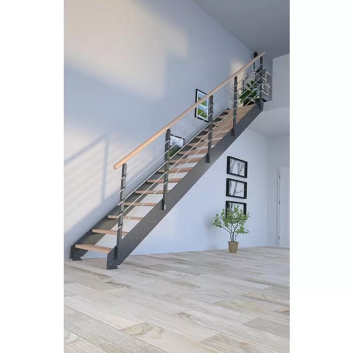Starwood Wangentreppe Kos - Farbton Metall: DB 703, Breite: 87 cm, Buche, Geschosshöhe: 260 cm - 320 cm, Gerade, Metallgeländer pulverbeschichtet, Stufen farblos geölt - Stimmungsaufnahme